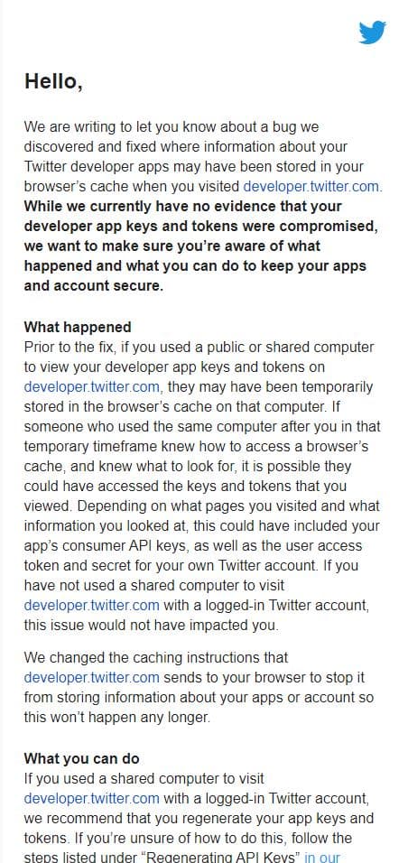 Twitter API key caching note